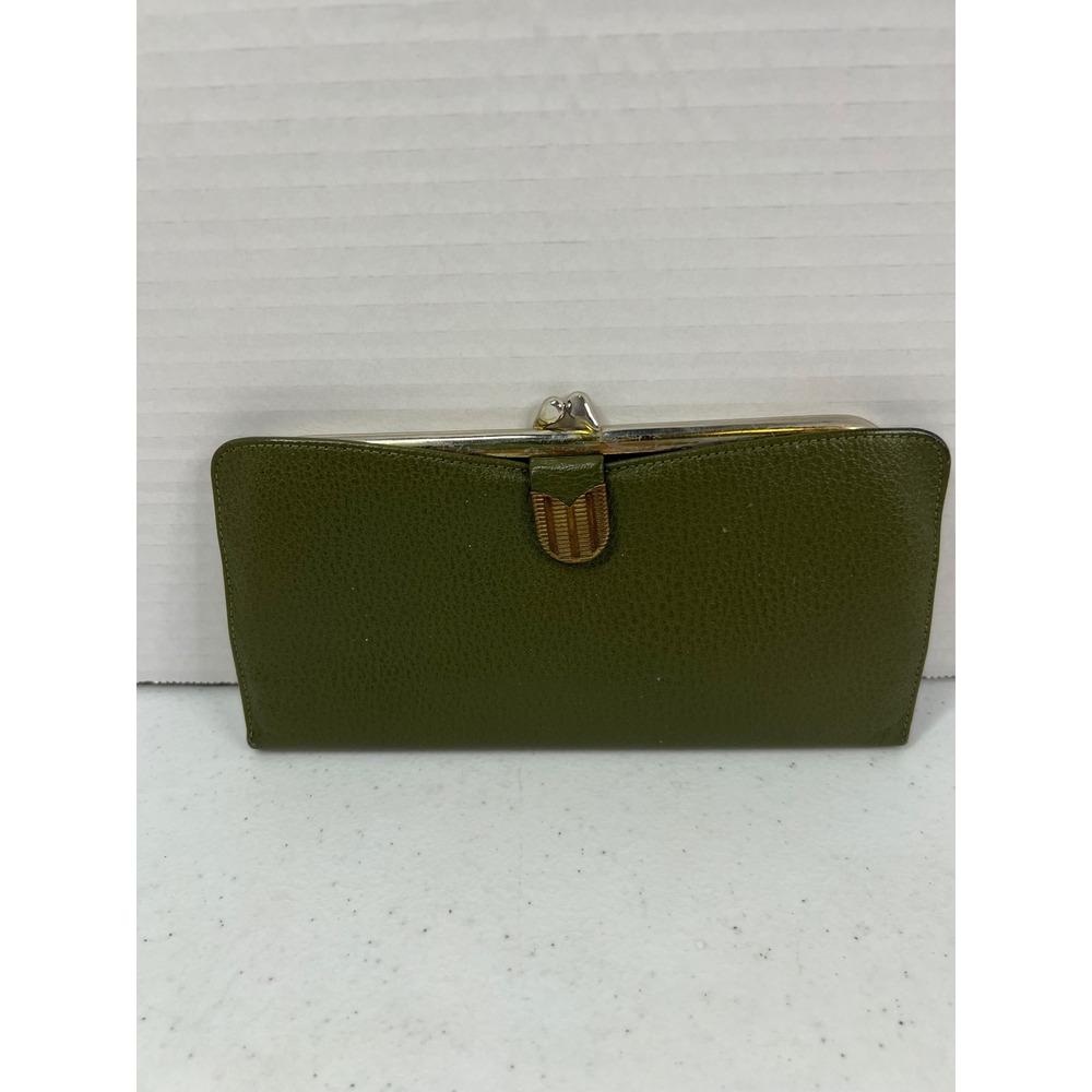 Vintage Bond Street Original Olive Green Leather Kiss Lock Clutch Wallet